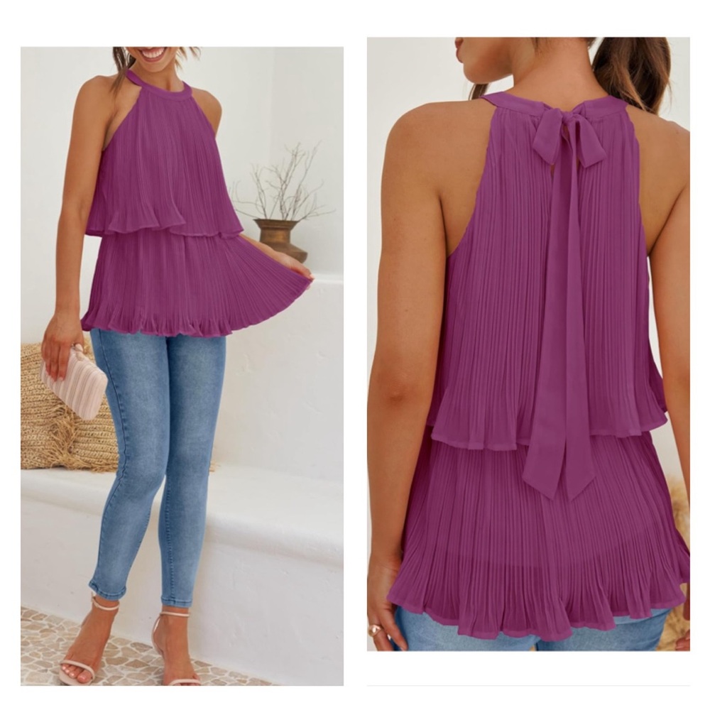Halter Tank Tops Sleeveless Ruffle Tiered Layered Chiffon Flowy Blouse Shirts